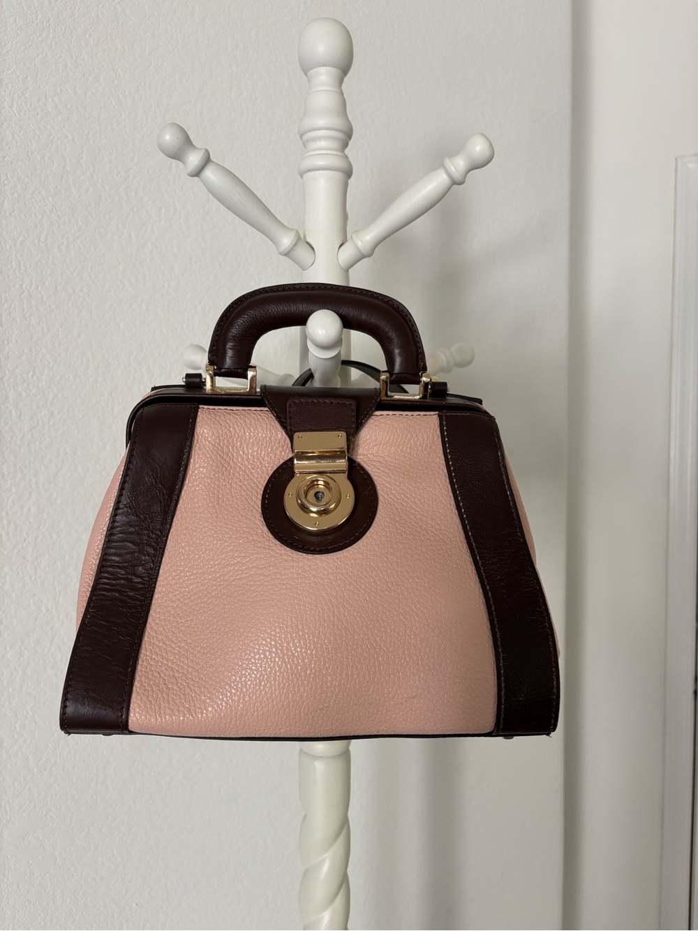 Classic Structured Top-Handle Satchel in Blush Pink and Dark Brown